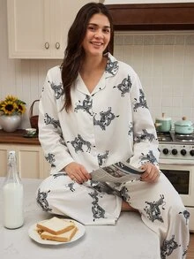 Doze Lane 女款復古斑馬紋翻領開襟針織睡衣套裝，秋季獨特動物圖案長袖寬鬆休閒大尺碼兩件套睡褲套裝 - 白色 - 查看 3