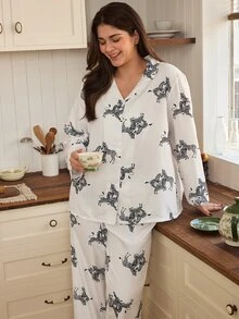 Doze Lane 女款復古斑馬紋翻領開襟針織睡衣套裝，秋季獨特動物圖案長袖寬鬆休閒大尺碼兩件套睡褲套裝 - 白色 - 查看 1