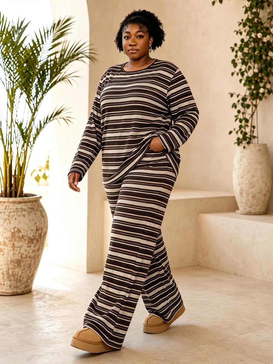 CurvyTilda Plus Size Casual Formal Black Crew Neck Long Sleeve Top And Pants 2 Pieces Set, Lounge Sets For Women Autumn Vacation