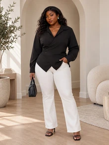 CurvyTilda Plus Size Women Solid Color Asymmetric Hem Wrap Elegant Long Sleeve Blouse Fall - Black - View 3