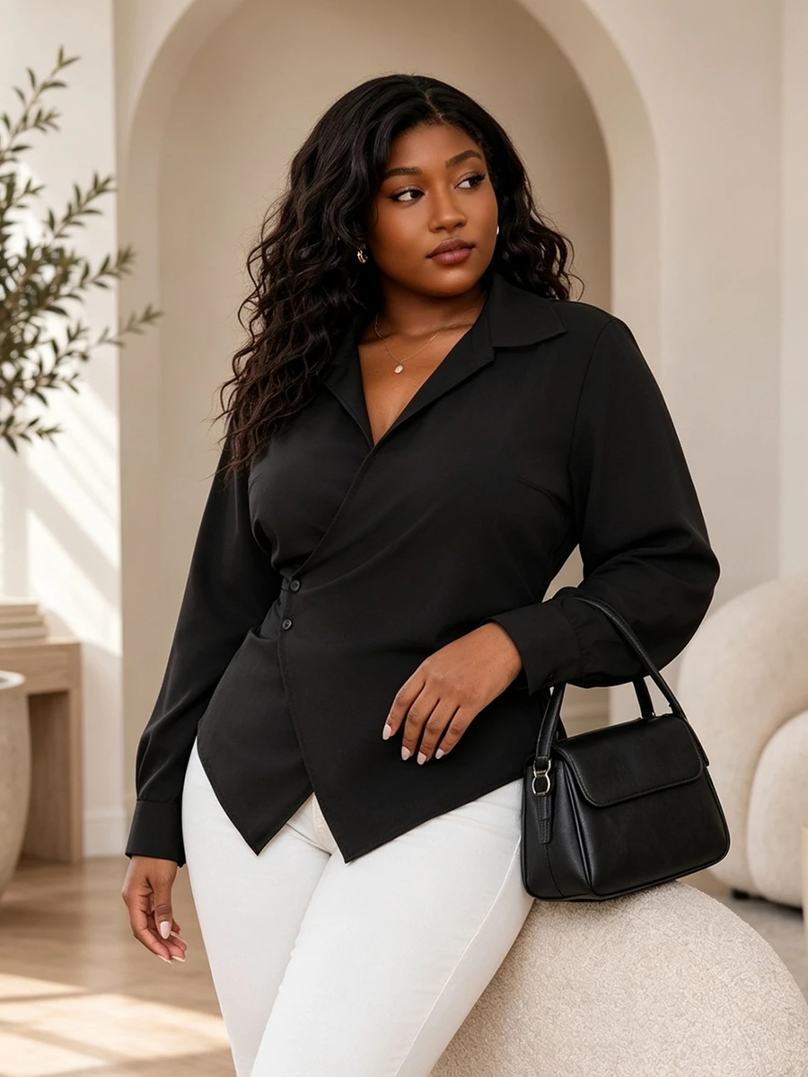 CurvyTilda Plus Size Women Solid Color Asymmetric Hem Wrap Elegant Long Sleeve Blouse Fall - Black - View 1