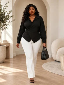 CurvyTilda Plus Size Women Solid Color Asymmetric Hem Wrap Elegant Long Sleeve Blouse Fall - Black - View 4