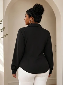 CurvyTilda Plus Size Women Solid Color Asymmetric Hem Wrap Elegant Long Sleeve Blouse Fall - Black - View 2