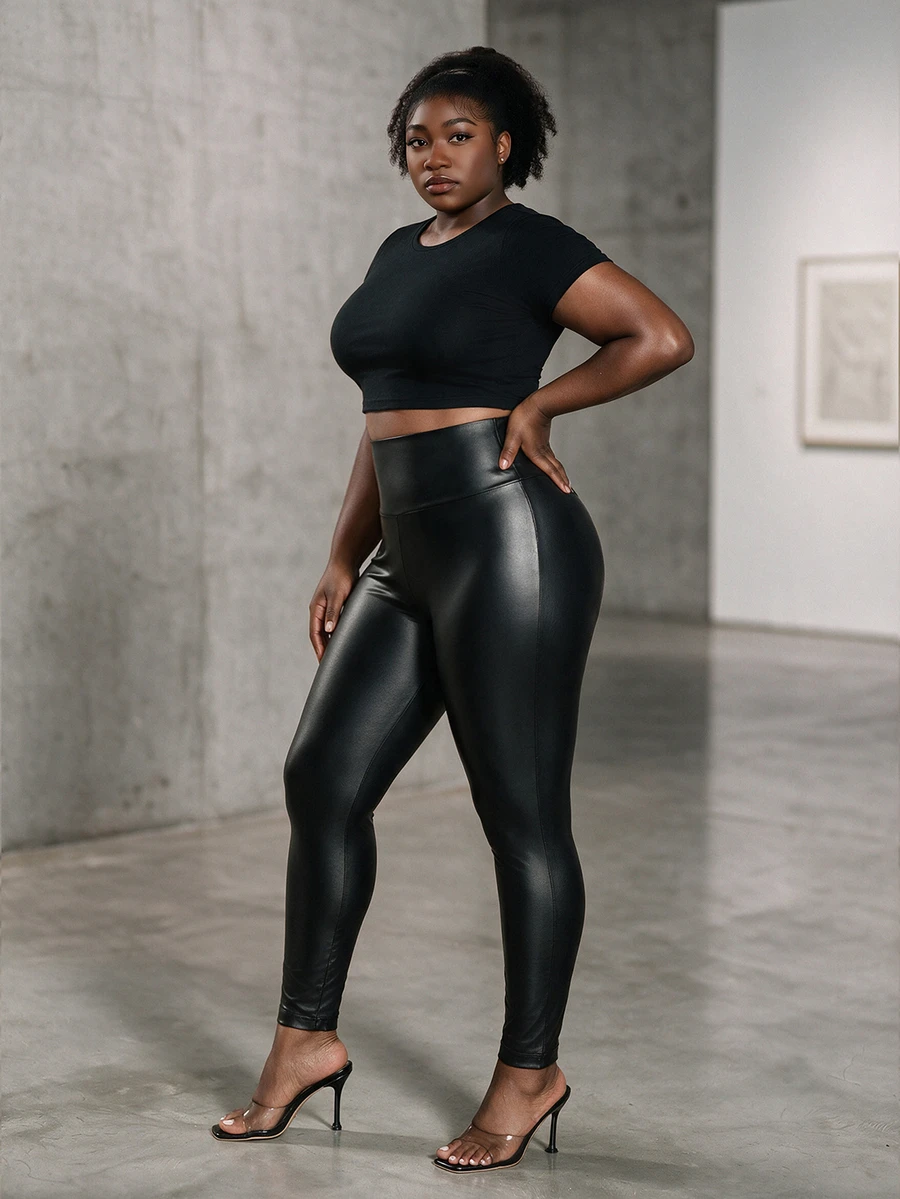 CurvyTilda 大碼寬腰帶PU皮打底褲