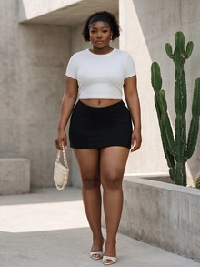 CurvyTilda Plus Size Women's Solid Color Basic Black Sexy Casual Mini Bodycon Skirt (With Leggings Included),Fall Clothes For Women - Black - View 4