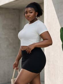CurvyTilda Plus Size Women's Solid Color Basic Black Sexy Casual Mini Bodycon Skirt (With Leggings Included),Fall Clothes For Women - Black - View 3