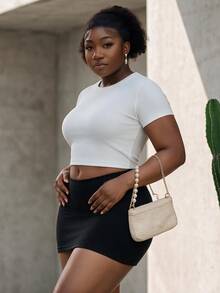 CurvyTilda Plus Size Women's Solid Color Basic Black Sexy Casual Mini Bodycon Skirt (With Leggings Included),Fall Clothes For Women - Black - View 1