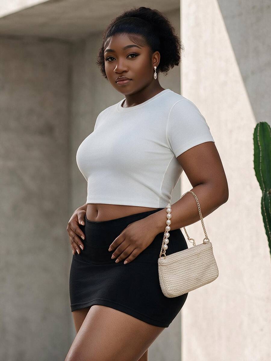 CurvyTilda Plus Size Women's Solid Color Basic Black Sexy Casual Mini Bodycon Skirt (With Leggings Included),Fall Clothes For Women - Black - View 1