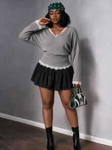 CurvyTilda 大尺碼女款休閒時尚蝙蝠袖對比蕾絲羅紋T恤 - 灰色 - 查看 4