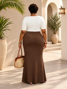 CurvyTilda Plus Size Elegant Romantic Vintage A-Line Maxi Knit Skirt, Suitable For Party And Gathering, Autumn/Winter,Fall - Coffee Brown - View 3