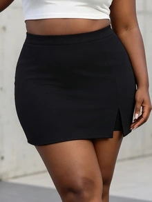 CurvyTilda Plus Size Women,Mini Skirt,Solid Color Black Minimalist A-Line Skort, Casual For Everyday Wear,Winter Clothes For Women Fall - Black - View 3