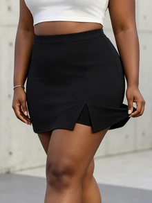 CurvyTilda Plus Size Women,Mini Skirt,Solid Color Black Minimalist A-Line Skort, Casual For Everyday Wear,Winter Clothes For Women Fall - Black - View 4