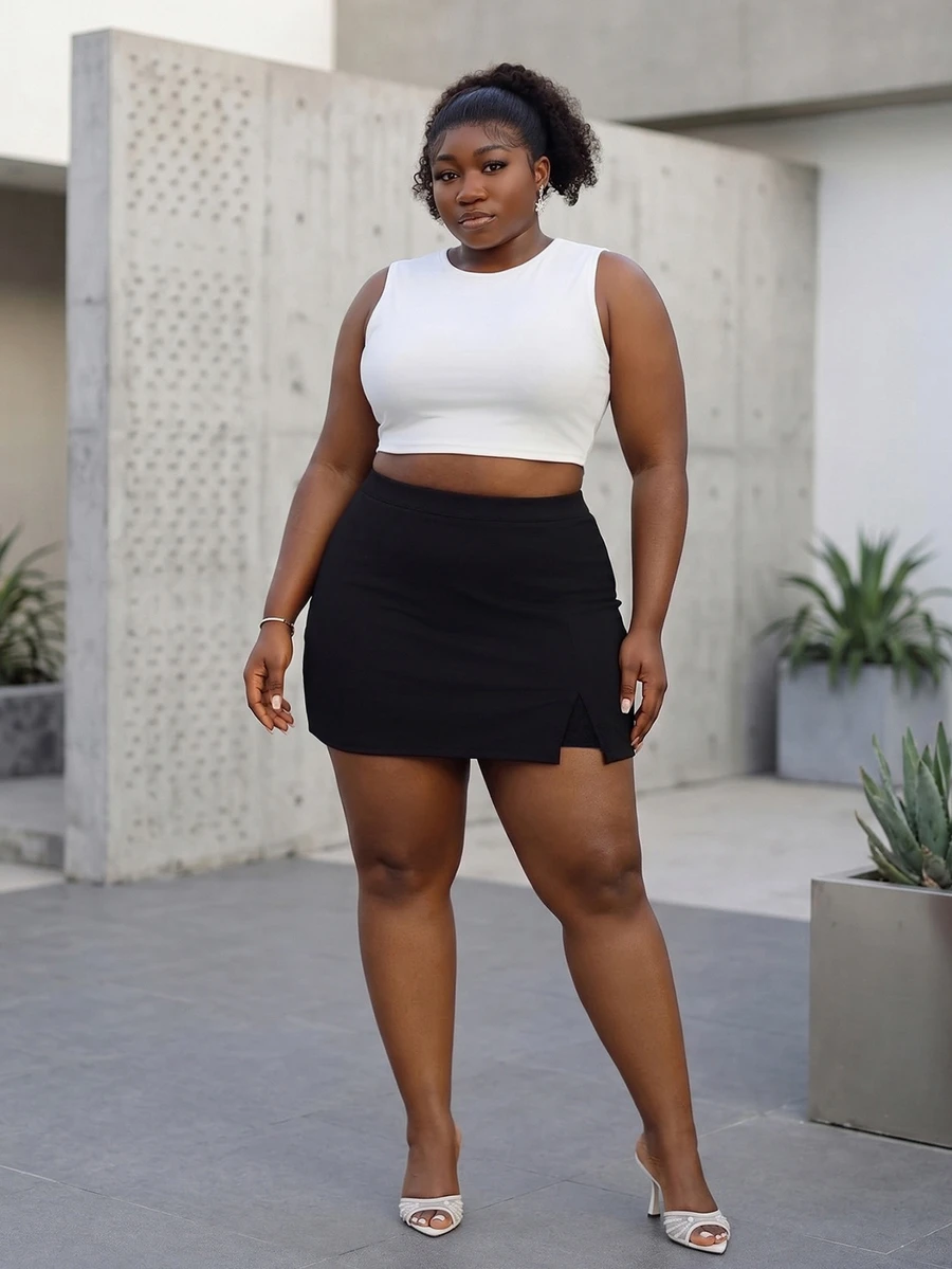 CurvyTilda Plus Size Women,Mini Skirt,Solid Color Black Minimalist A-Line Skort, Casual For Everyday Wear,Winter Clothes For Women Fall - Black - View 1