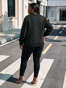 CurvyTilda 大码纯色纹理休闲拉链夹克，适合秋季日常穿着 - 黑色 - 查看 2