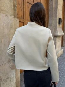 Aloruh 女款純色鉚釘裝飾休閒百搭日常長袖夾克 - 卡其色 - 查看 3
