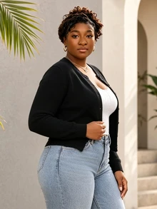 CurvyTilda 大尺碼休閒基本款純色圓領長袖寬鬆短版女款針織開襟衫 秋冬約會辦公穿搭 黑色 - 黑色 - 查看 5