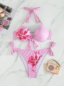 SHEIN Swim 兩件式泳衣 聚攏胸型 附鋼圈 隨機印花 - 粉色 - 查看 3