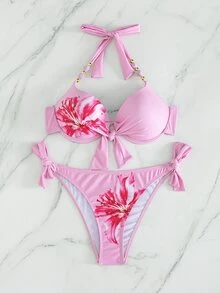 SHEIN Swim 兩件式泳衣 聚攏胸型 附鋼圈 隨機印花 - 粉色 - 查看 5