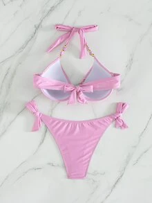 SHEIN Swim 兩件式泳衣 聚攏胸型 附鋼圈 隨機印花 - 粉色 - 查看 6