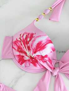 SHEIN Swim 兩件式泳衣 聚攏胸型 附鋼圈 隨機印花 - 粉色 - 查看 7