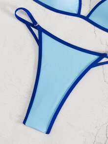 SHEIN Swim 女款夏季海灘拼色掛脖綁帶性感時尚比基尼兩件式泳衣套裝 - 藍色 - 查看 6