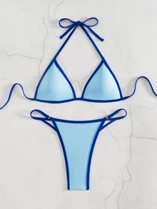 SHEIN Swim 女款夏季海灘拼色掛脖綁帶性感時尚比基尼兩件式泳衣套裝 - 藍色 - 查看 4