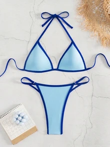 SHEIN Swim 女款夏季海灘拼色掛脖綁帶性感時尚比基尼兩件式泳衣套裝 - 藍色 - 查看 3