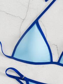 SHEIN Swim 女款夏季海灘拼色掛脖綁帶性感時尚比基尼兩件式泳衣套裝 - 藍色 - 查看 5