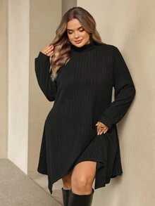 SHEIN CURVE+ Plus Size Women's Knit Casual Solid Color Stand Collar Asymmetrical Hem Long Dress, Elegant Commute, Suitable For Autumn/Winter Fall - Black - View 7