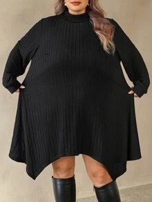 SHEIN CURVE+ Plus Size Women's Knit Casual Solid Color Stand Collar Asymmetrical Hem Long Dress, Elegant Commute, Suitable For Autumn/Winter Fall - Black - View 5