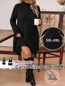 SHEIN CURVE+ Plus Size Women's Knit Casual Solid Color Stand Collar Asymmetrical Hem Long Dress, Elegant Commute, Suitable For Autumn/Winter Fall - Black - View 2