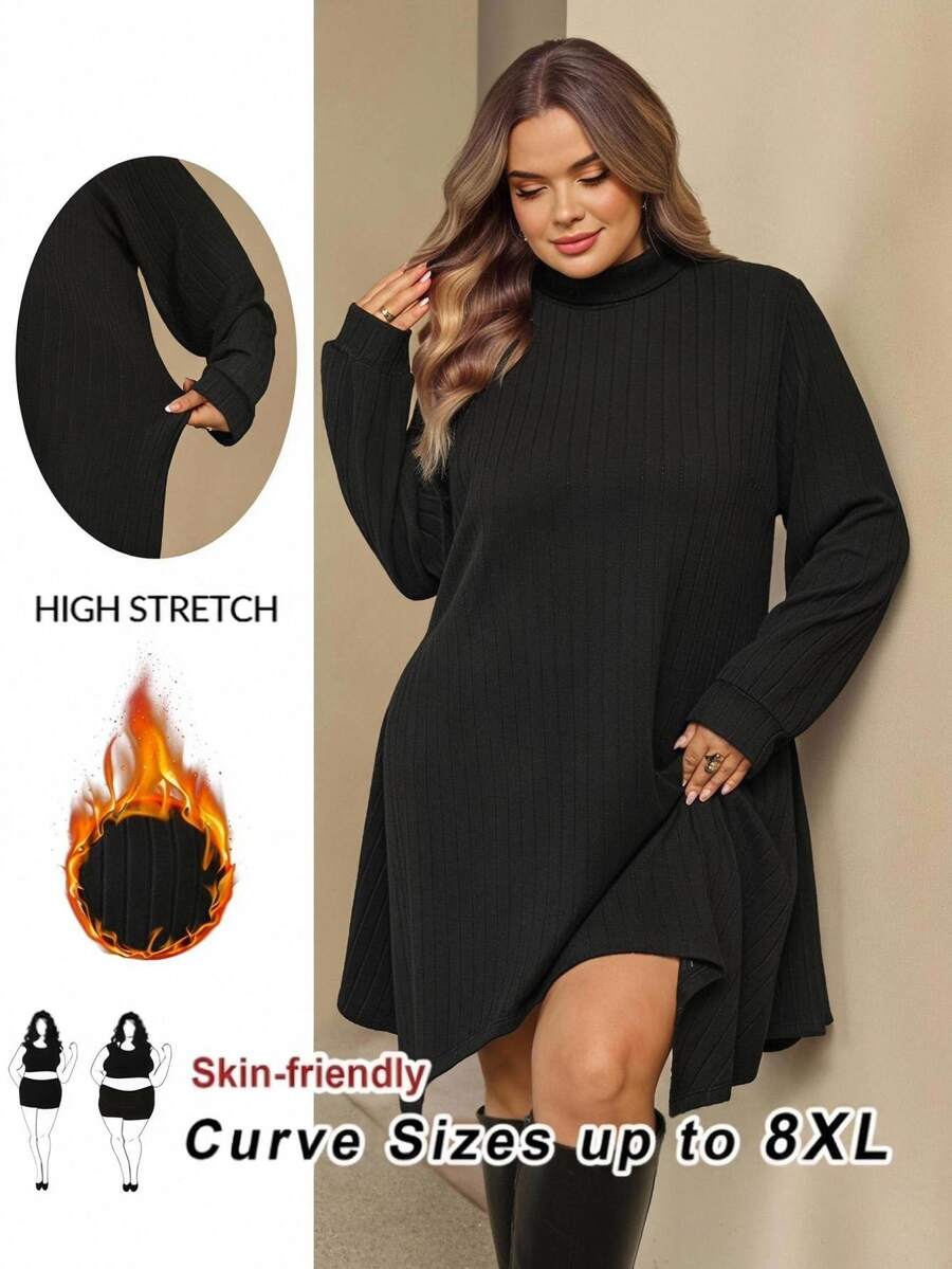 SHEIN CURVE+ Plus Size Women's Knit Casual Solid Color Stand Collar Asymmetrical Hem Long Dress, Elegant Commute, Suitable For Autumn/Winter Fall - Black - View 1
