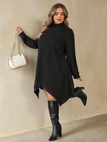 SHEIN CURVE+ Plus Size Women's Knit Casual Solid Color Stand Collar Asymmetrical Hem Long Dress, Elegant Commute, Suitable For Autumn/Winter Fall - Black - View 9