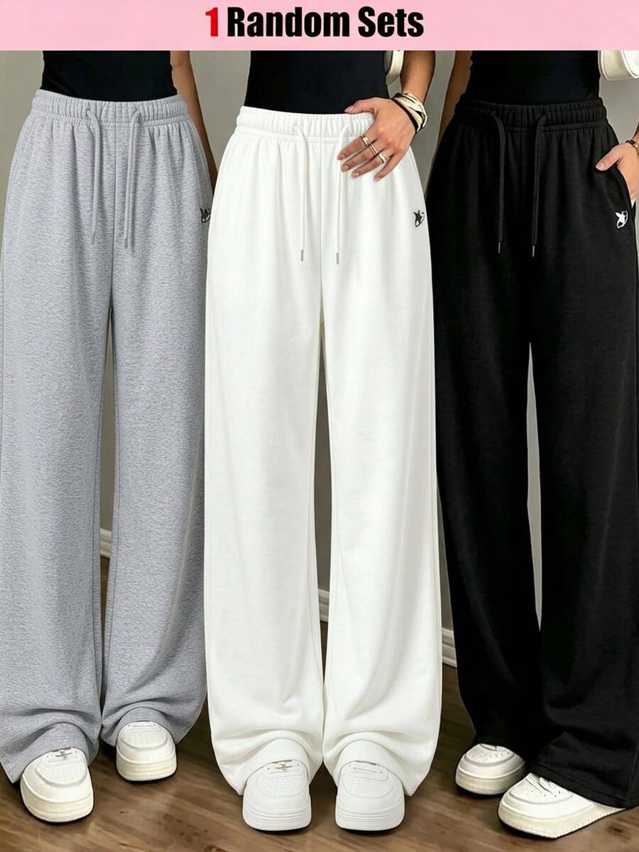 SHEIN Teen Girls Casual Baggy Urban Outdoor Spring Autumn Winter Knit Straight Leg Sweatpants Formal Work Grey White Black - Grey - View 1