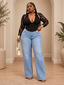 CurvyTilda 大尺碼女款對比蕾絲掛脖性感上衣 - 黑色 - 查看 3
