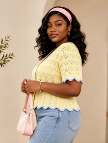CurvyTilda كارديجان كروشيه مفتوح للمرأة بحجم كبير - أصفر - مشاهدة 4