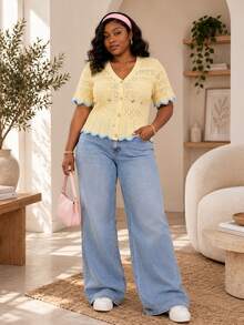 CurvyTilda كارديجان كروشيه مفتوح للمرأة بحجم كبير - أصفر - مشاهدة 1