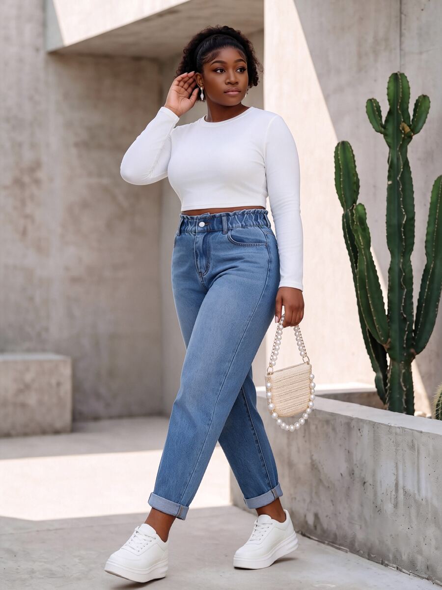 CurvyTilda Celana Jeans Minimalis Polos Ukuran Besar untuk Wanita, Cocok untuk Sehari-hari - Medium Wash - View 1