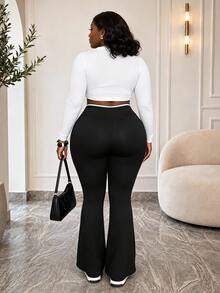 CurvyTilda Plus Size Women 2025 Autumn Winter Style Casual Simple Versatile Black And White Cross Contrast Edge Waist Flared Pants, Suitable For Office, Gym Fall - Black - View 3