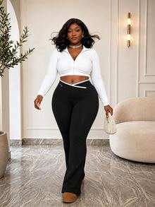 CurvyTilda Plus Size Women 2025 Autumn Winter Style Casual Simple Versatile Black And White Cross Contrast Edge Waist Flared Pants, Suitable For Office, Gym Fall - Black - View 2