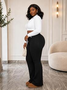 CurvyTilda Plus Size Women 2025 Autumn Winter Style Casual Simple Versatile Black And White Cross Contrast Edge Waist Flared Pants, Suitable For Office, Gym Fall - Black - View 5