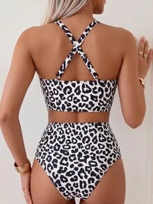 Swim Basics Women's Summer Beach Vacation Leopard Print V-Neck Tankini 2pcs Swimwear Set - Multicolor - View 2