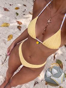Swim Vcay Women's Summer Beach Vacation Party Colorblock Halter Tie Sexy Tropical Cute Breezy Bikini And Triangle Bottom Two Pieces Swimwear Set Butter Yellow - Yellow - View 3