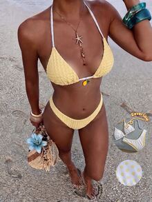 Swim Vcay Women's Summer Beach Vacation Party Colorblock Halter Tie Sexy Tropical Cute Breezy Bikini And Triangle Bottom Two Pieces Swimwear Set Butter Yellow - Yellow - View 4
