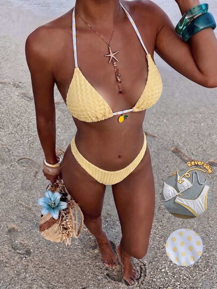 Swim Vcay Women's Summer Beach Party Colorblock Halter Tie Sexy Breezy Bikini And Triangle Bottom Two-Piece Swimwear Set Light Yellow - Yellow - View 3