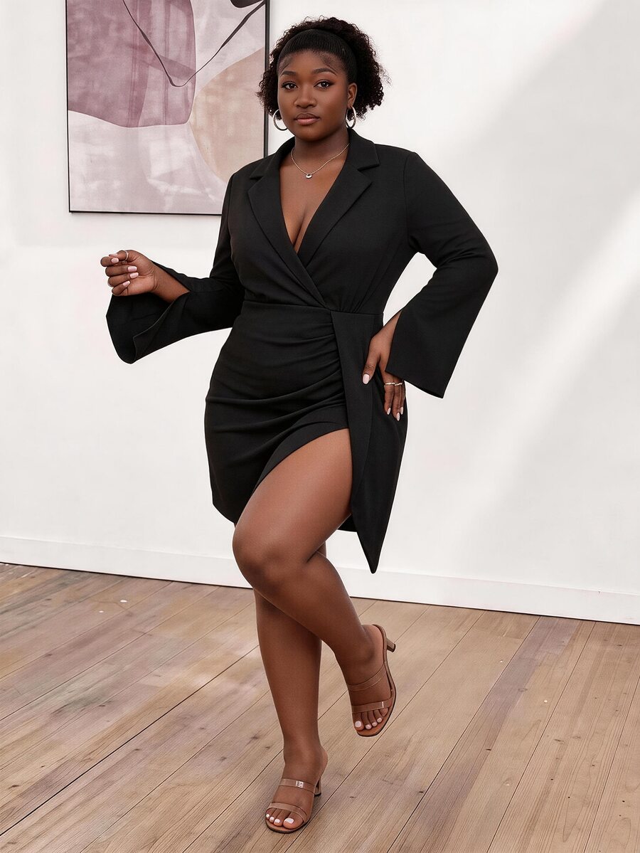 CurvyTilda Plus Size Elegant Sexy 70's Commuter Solid Color Waist-Cinching Dress Party Evening Evening Evening Black Autumn Fall - Black - View 1