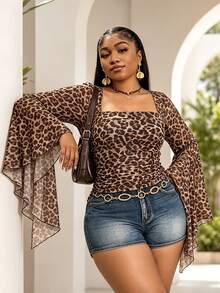 CurvyTilda Atasan Wanita Ukuran Besar Motif Leopard Retro Lengan Lebar - MultiWarna - View 1