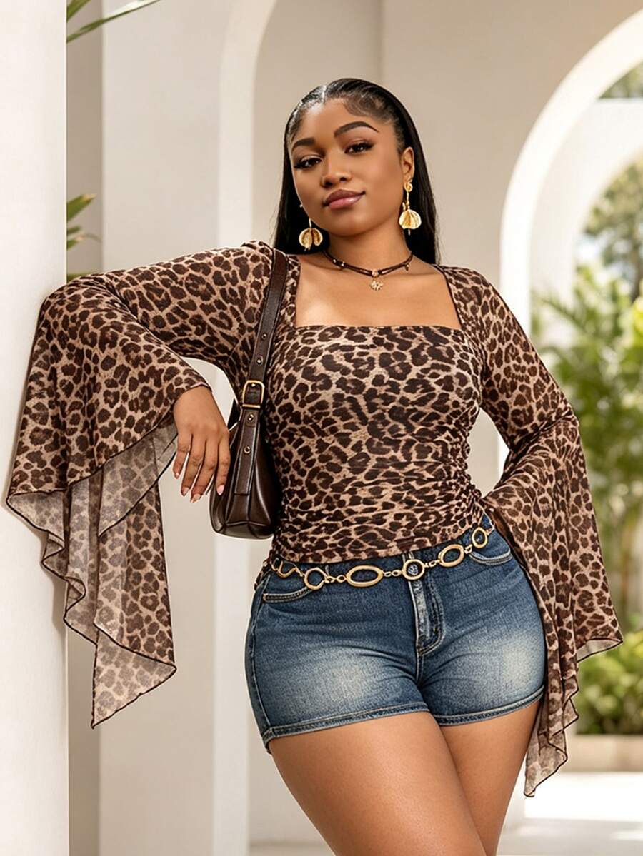 CurvyTilda Atasan Wanita Ukuran Besar Motif Leopard Retro Lengan Lebar - MultiWarna - View 1