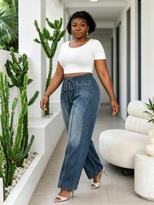 CurvyTilda Plus Size Casual Capsule Printed Pants Bussines Light Blue Autumn Hawaii Vacation - Blue - View 2
