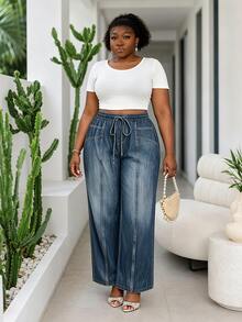 CurvyTilda Plus Size Casual Capsule Printed Pants Bussines Light Blue Autumn Hawaii Vacation - Blue - View 4